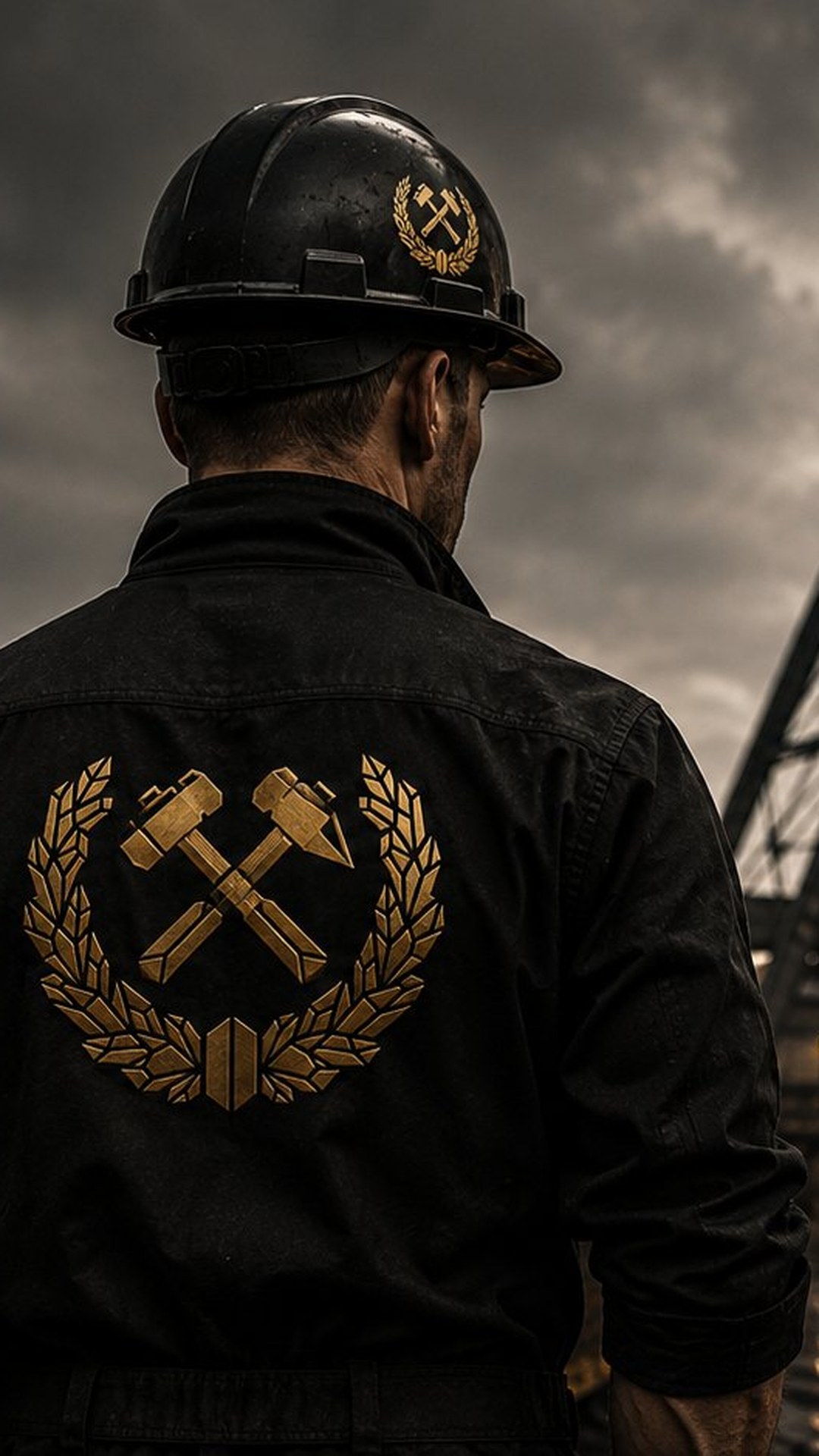 Górnik w hełmie od tyłu, na kurtce złote godło z perlikiem i żelazkiem