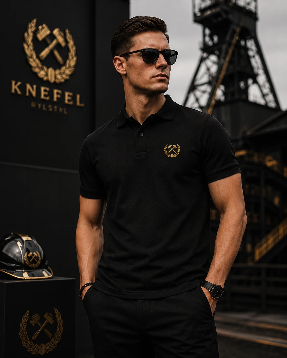 Model w polówce KNEFEL na tle marki