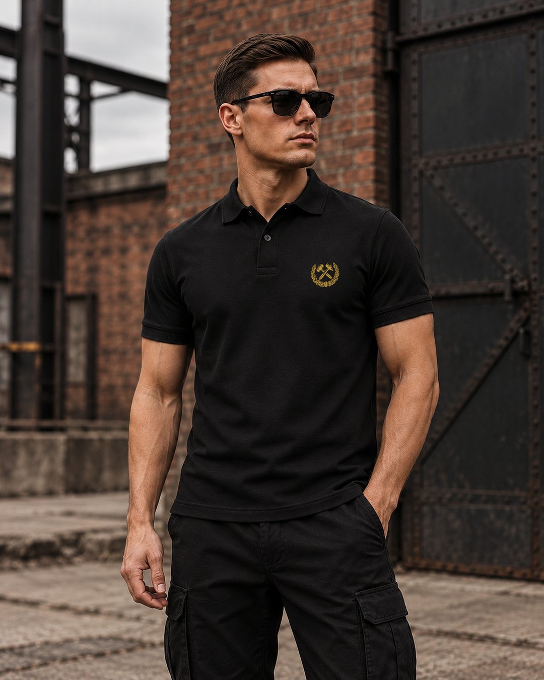 Model w czarnym polo KNEFEL ze złotym godłem na tle ceglanej hali