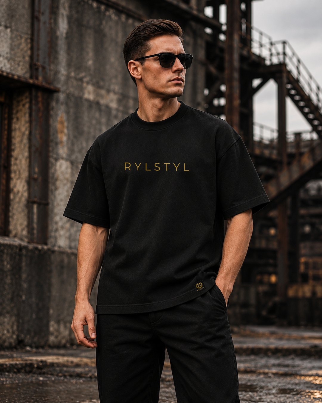Model w czarnym T-shircie RYLSTYL na tle dawnej kopalni